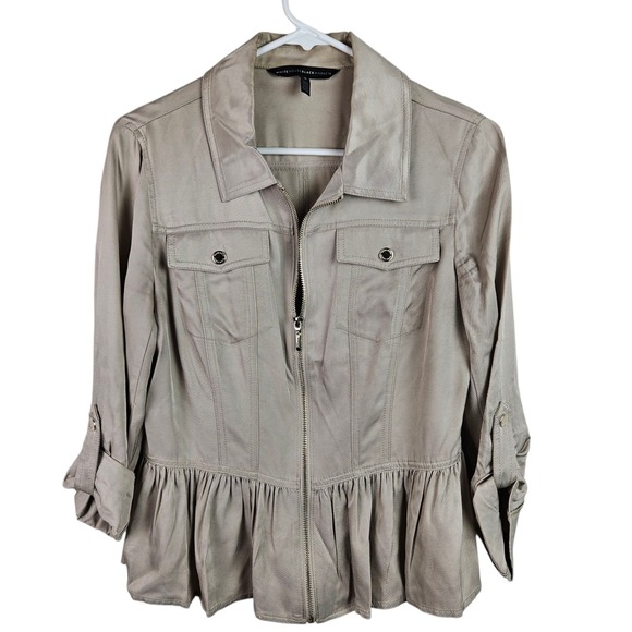 White House Black Market Jacket M Tan Ruffle Hem Full Zip Military Utility - Picture 10 of 10